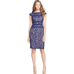 Adrianna Papell Navy Lace Sheath Dress, NWT $118 Cap Sleeves Women's Size 6P